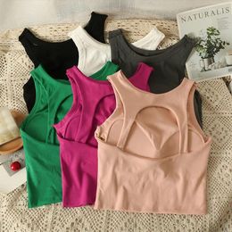 Women's Tanks 2023 Summer Crop Tops Women Spaghetti Strap Female Tank Top Built In Bra Off Shoulder Solid Colour Sleeveless Camisole Dropship