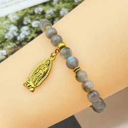 Strand 8MM Natural Stone Golden Virgin Mary Pendant Bracelet For Women Or Girlsb Really Labradolite Sunstone Amthyst Quartz