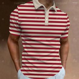 Men's Polos Stripe Graphic Polo Shirt For Man Short Sleeve Oversized Tee Lapel Button 3d Print Tshirt High Quality Clothes