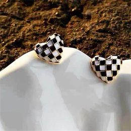 Stud Earrings Japan And South Korea Trend Heart-shaped Checkerboard Simple Niche Fresh Sweet Dating Sterling Silver S925