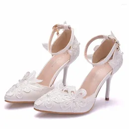 Dress Shoes 9cm High Heels White Lace Flowers Wedding One-shaped Wristband Fine-heeled Pointed Toe Sandals Dance