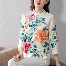 Ethnic Clothing Chinese Style Embroider Tang Clothes Women Cheongsam Tops Long Sleeve Shirt Jacket Satin Coat Year Mandarin Collar Qipao