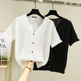 Jackets 4xl 2023 Summer Cardigan Single Breasted Black White Short Women Short Sleeve Loose Caridgan Female Knitted Jacket Women