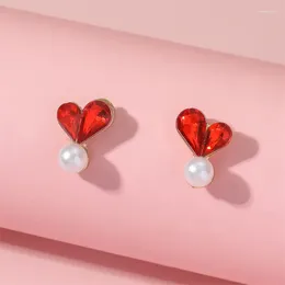 Stud Earrings Creative Red Heart Shaped Peach Imitation Pearl Women's Korean Fashion Accessories Jewelry Gift