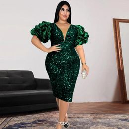 Plus Size Dresses Sequin V Neck Party Dress Female Puff Sleeve Luxury Prom Evening Midi Robe 2023 Christmas Elegant Pretty Women