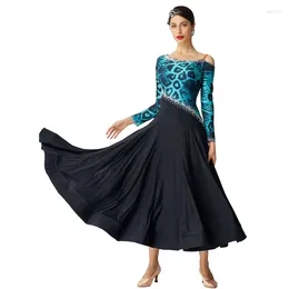 Stage Wear Print And Black Colour Matching Design National Standard Modern Dance Practise Dress Custom Social Waltz