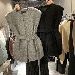 Women's Vests Women Solid Bandage Korean Fashion Autumn Winter Slim Sweaters Vintage All Match Pull Femme Hiver Tops 2024 Grey Coat