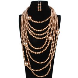 Fashionable And Exaggerated Multi-layer Pearl Necklace Set With Earrings Sets Long Sweater Chain Jewelry Wholesale