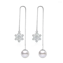 Stud Earrings 925 Silver Needle Trendy Snowflake Pearl Crystal Female Long Tassel Jewelry Women Christmas Gift