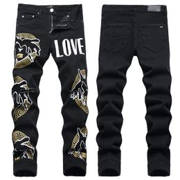 Men Jeans Letter Star AM tiny spot Men Embroidery Patchwork Ripped Sexy Romantic Wild Motorcycle Pant Mens AM3262-00 size 29-38