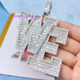 Pass Diamond Test Fashion Pendant Necklace 925 Sterling Silver Shiny Moissanite Baguatte Letter Pendant with 24inch Rope chainCustom Moissanite diamond pendant