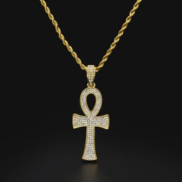 Egyptian Ankh Key of Life Gold Plated Cross Pendant Necklace Chain Charm Full Rhinestone Luxury Cross Pendant Jewellery Drop Shippin259T