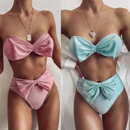 Women's Swimwear High Waist Bow Padded Bikini Swimming Suit Women Push Up Set Bathing Two Piece Strapless Pink Light Sexy Red