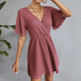 Casual Dresses Formal For Wedding Guest Deep V Neck Solid Color Knitting Flutter Short Sleeve High Waist A Line Mini Dress