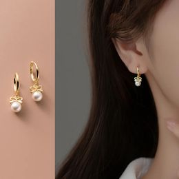 925 Sterling Silver Cute Butterfly Synthetic Pearl Pendant Drop Earrings Fashion Charm Gold Plated Huggies Jewelry Women