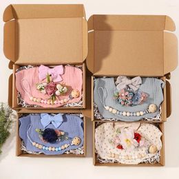 Hair Accessories 4Pcs/Set Flower Print Baby Bib Headband Elastic Nylon Band Food Grade Silicone Beads Pacifier Clip Chain Gift Box For