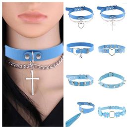 Choker Fashion Sexy Blue Leather Punk Style Statement Crystal Love Hearts Necklace For Women Party Jewellery Wholesale