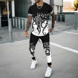 Men's Tracksuits Summer Men Tracksuit Octopus 3D Printed Short Sleeve T Shirt Long Pants 2 Piece Sets Outfit Suit Casual Trend Oversized