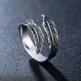 Retro Creative Open Feather 14K White Gold Ring Men and Women Jewellery Punk Viking Odin Crow Feather Ring Mens Gift