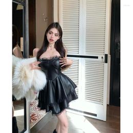 Casual Dresses Sweet Girl Black Strapless Dress Women's Winter Sexy Slim Fit Lace PU Leather Short A-line Fashion Female Clothes
