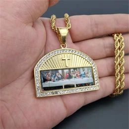 Iced Out The Last Supper Pendant Necklace Male Gold Colour Stainless Steel Cross Necklaces For Men Religious Jewellery 2010142950