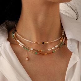 Boho Handmade Colourful Beaded Choker Necklace/Bracelet Real Natural Stone Gemstone Necklace Freshwater Pearl Necklace 18K Gold Plated Summer Beach Jewellery Trendy