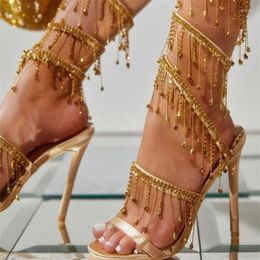 Sandals Elegant Women Wedding Banquet Shoes Fashion Crystal Tassel Twining Stiletto Sexy Open Toe Stripper Heels