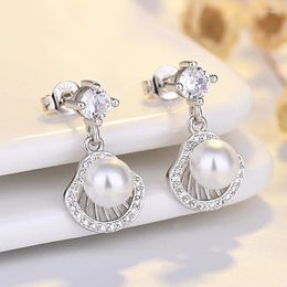 Stud Earrings Fashion Elegant Wedding Fan Crystal Paved Imitation Pearl Charm Dangle Earring Piercing Jewelry For Women