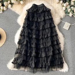 Skirts Korean Sweet Pink Maxi Tiered Tutu Tulle Skirt For Women Autumn Winter Elegant A Line High Waist Mesh Long Female P438