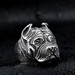 Men's Vintage Stainless Steel Ring Viking Pitbull Bulldog Gothic Pug Dog Head Totem Amulet Punk Animal Jewellery for Men Boys242g