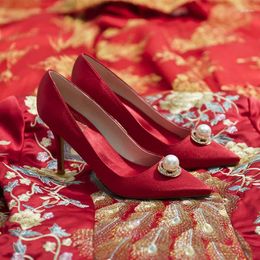 Dress Shoes Ladies Bridal Wedding Pointed Toe Pumps Pearl Red Satin Embroidered Clothes