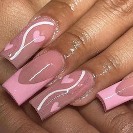 False Nails 24Pcs Long Coffin Naills Set Press On Wearable Pink French Fake Love Pattern Design Full Cover Nail Tips Manicure