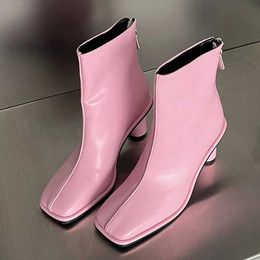 New Arrival Fashion Pink Leather Boots For Women Square Toe Zip Round Heels Party Dance Ankle Booties Ladies Winter Shoes