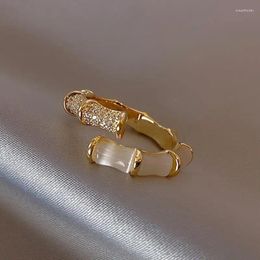 Cluster Rings Unique Design Opals Bamboo Open For Women Korean Elegant Gold Colour Shiny Zircon Adjustable Ring Party Exquisite Jewellery