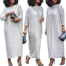 Ethnic Clothing 2024 African Plus Dresses For Women Elegant 3/4 Sleeve O-neck Silver Long Party Evening Dress Dashiki