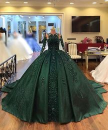 Quinceanera Dresses Party Prom Ball Gown Tulle Custom Plus Size Zipper Lace Up New Beaded Vestido De For Sweet 15 O-Neck Long Sleeve Applique Dark Green