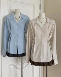 Women's Blouses Maillard Blue American Vintage High Street Formal Dress Waist Shirt Design Sense Lapel Spicy Girl Button Top