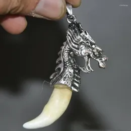 Decorative Figurines Old Chinese Tibetan Silver Mosaic Wolf Tooth Dragon Lucky Amulet Pendant