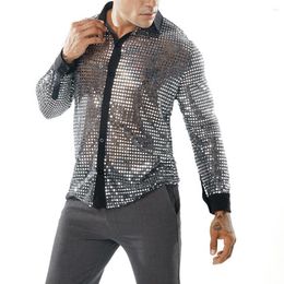 Men's Casual Shirts Retro 70s Disco Nightclub Sparkly Sequins Party Dance Tops Long Sleeve Shiny Silver/Gold/Black