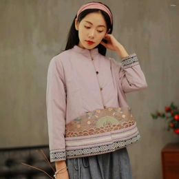 Women's Trench Coats Autumn Women Clothes Lavender Cotton Coat Vintage Embroidery Padded Jacket Winter Ladies Warm Short