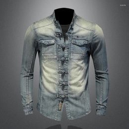 Men's Casual Shirts Denim Shirt Chinese Style Pan Button Stand Collar Long Sleeve Personality Washed