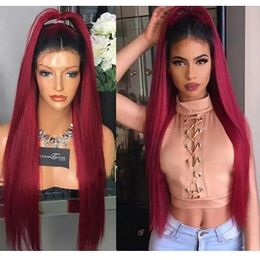 Wigs Sexy Ombre Burgundy Silky Straight Long Wigs with Baby Hair Heat Resistant Glueless Synthetic Lace Front Wigs for Black Women FZP2