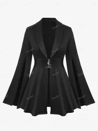 Women's Jackets ROSEGAL Plus Size Gothic Wide-waisted Coat Lapel Collar Split Flutter Sleeves PU Panel Zipper Belted Ruched Jacket Outwear