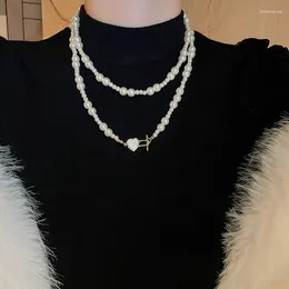 Choker Double Layers OT Buckle Pearl Sweater Chain Necklace For Women French Retro Sweet Party Jewelry