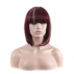 Wigs WoodFestival short straight synthetic wig burgundy bob wigs with bangs shoulderlength full heat resistant Fibre wig women top qua