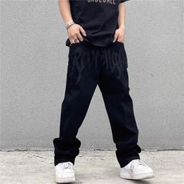 Men's Jeans Dark Black American Embroidery Fashion Brand Pants High Street Design Sense Letter Loose Straight Leg For Men