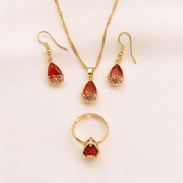 Water Drop Red Crystal Jewellery Set Pendant Necklace Earrings Ring 24k Fine Solid Gold GF cz big Rectangle Gem with Channel2825