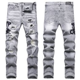 Men Jeans Letter Star AM tiny spot Men Embroidery Patchwork Ripped Sexy Romantic Wild Motorcycle Pant Mens AM3624-00 size 29-38