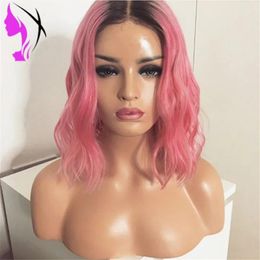 Wigs Hot ombre synthetic lace front wig heat resistant pink color Simulation Human Hair short bob wig for black women