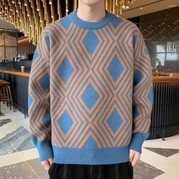 Men's Sweaters Men Contrast Color Sweater Geometric Print Knitted With O Neck Long Sleeves Thick Warm Elastic Fall For Streetwear